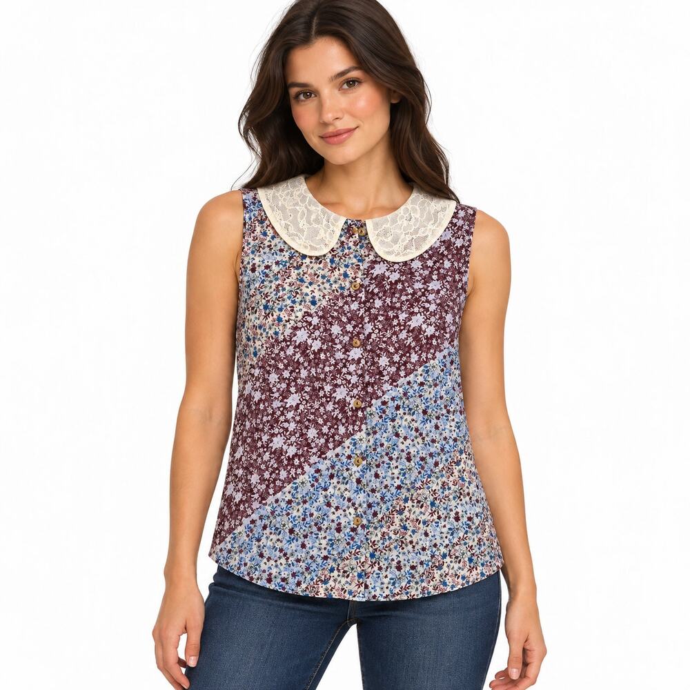 Halston Floral Peter Pan Collar Button Down Patchwork Floral NWT Size Medium